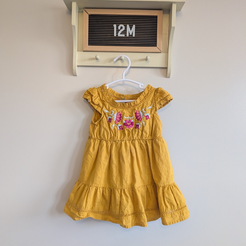 Charming Mustard Kids Dress with Floral Embroidery